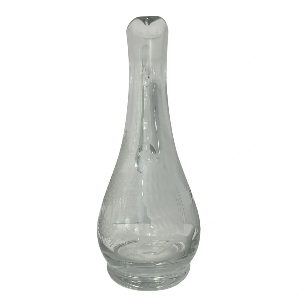 Etched Clear Glass Long Neck Bar Carafe 11” Owl Tree Branch Elegant Barware